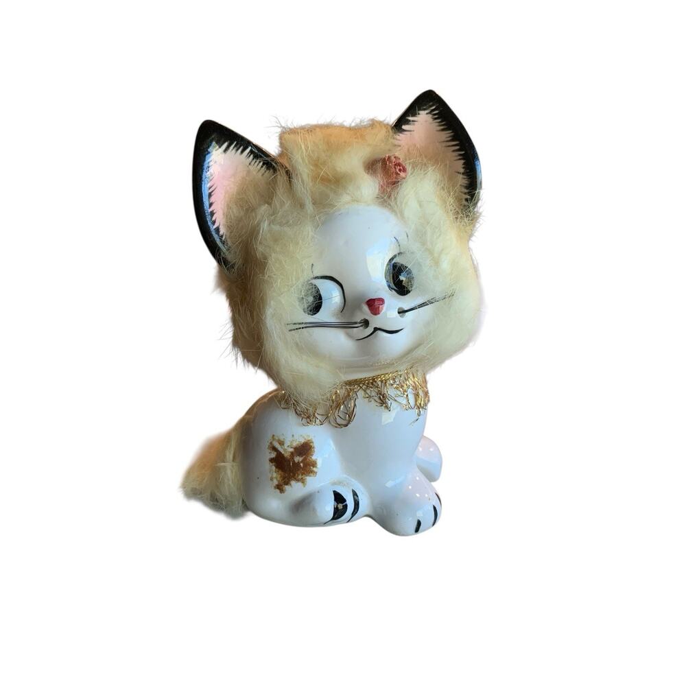 Vintage Brinn's Furry Anthropomorphic Ceramic Cat Kitten Figurine Big‎ Eyes 50s